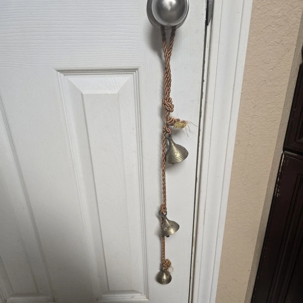 Vintage Brass Hanging Temple Bells Set of 3 on Decorative Cord India Boho Decor